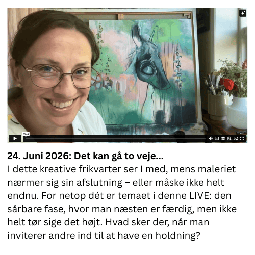 I dette kreative frikvarter ser I med, mens maleriet n&aelig;rmer sig sin afslutning &ndash; eller m&aring;ske ikke helt endnu. For netop d&eacute;t er temaet i denne LIVE: den s&aring;rbare fase, hvor man n&aelig;sten er f&aelig;rdig, men ikke helt t&oslash;r sige det h&oslash;jt. Hvad sker der, n&aring;r man inviterer andre ind til at have en holdning?